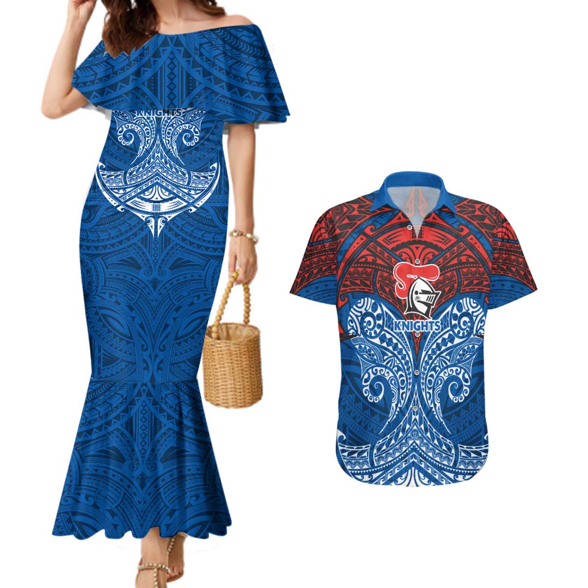 Personalized Newcastle Knights Couples Matching Mermaid Dress and Hawaiian Shirt Polynesian Tribal Pattern Style