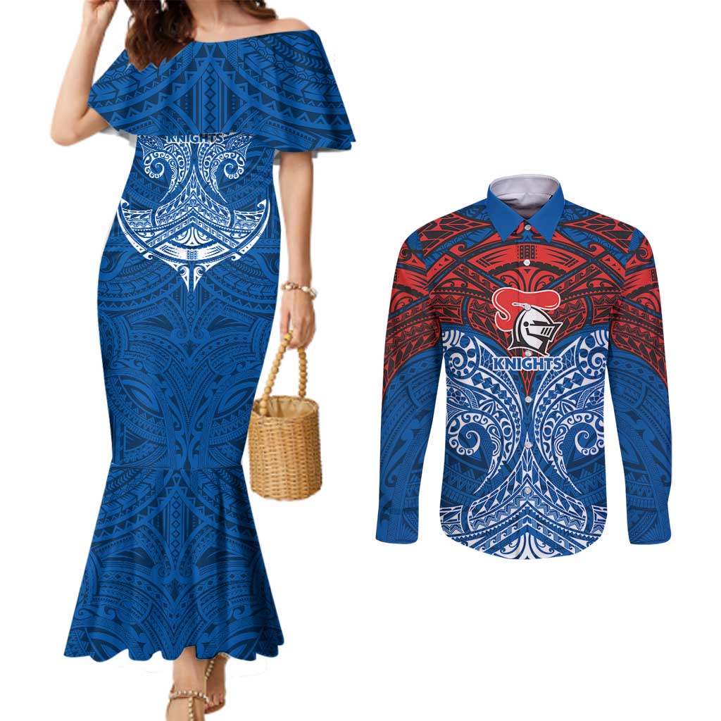 Personalized Newcastle Knights Couples Matching Mermaid Dress and Long Sleeve Button Shirt Polynesian Tribal Pattern Style