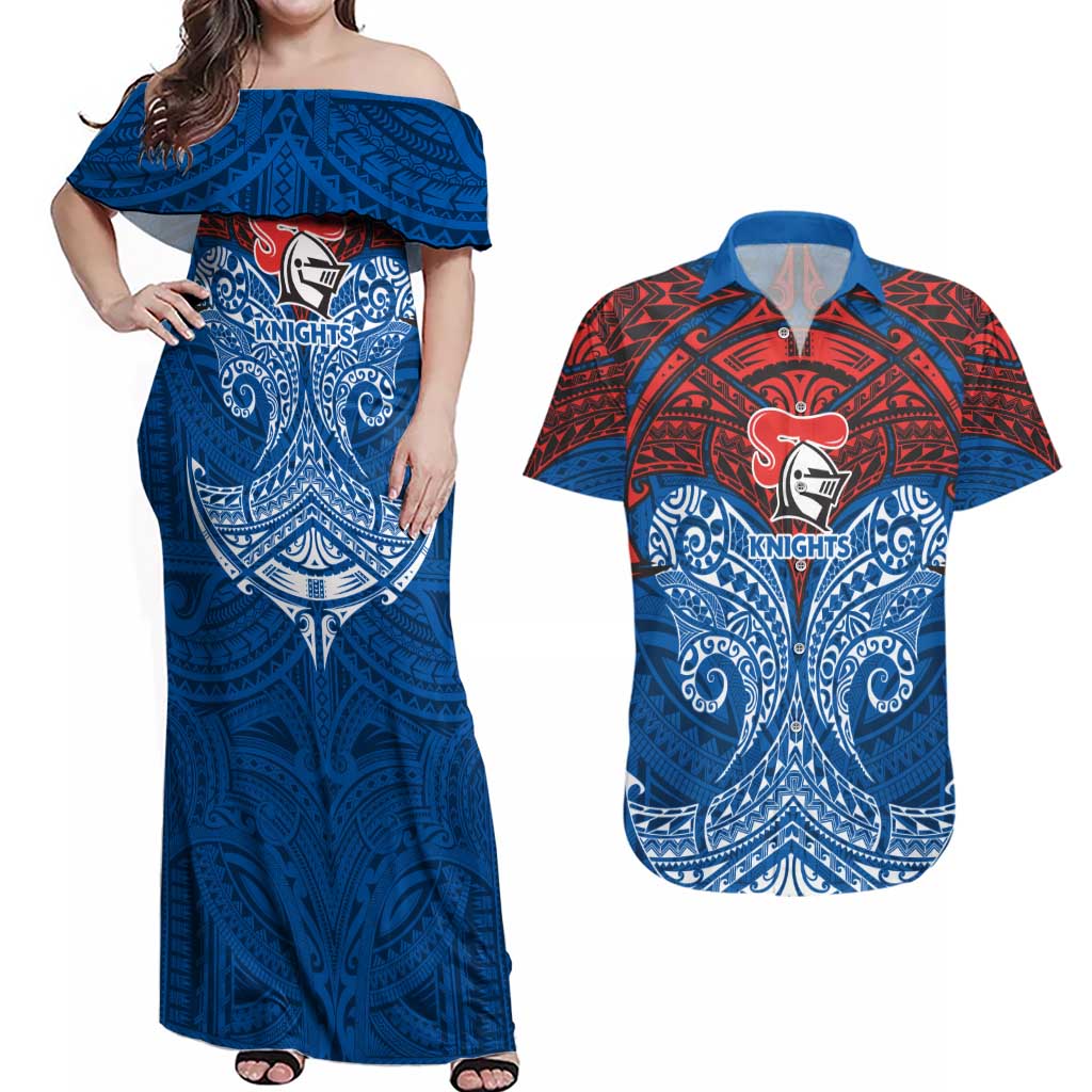 Personalized Newcastle Knights Couples Matching Off Shoulder Maxi Dress and Hawaiian Shirt Polynesian Tribal Pattern Style