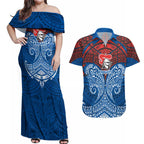 Personalized Newcastle Knights Couples Matching Off Shoulder Maxi Dress and Hawaiian Shirt Polynesian Tribal Pattern Style