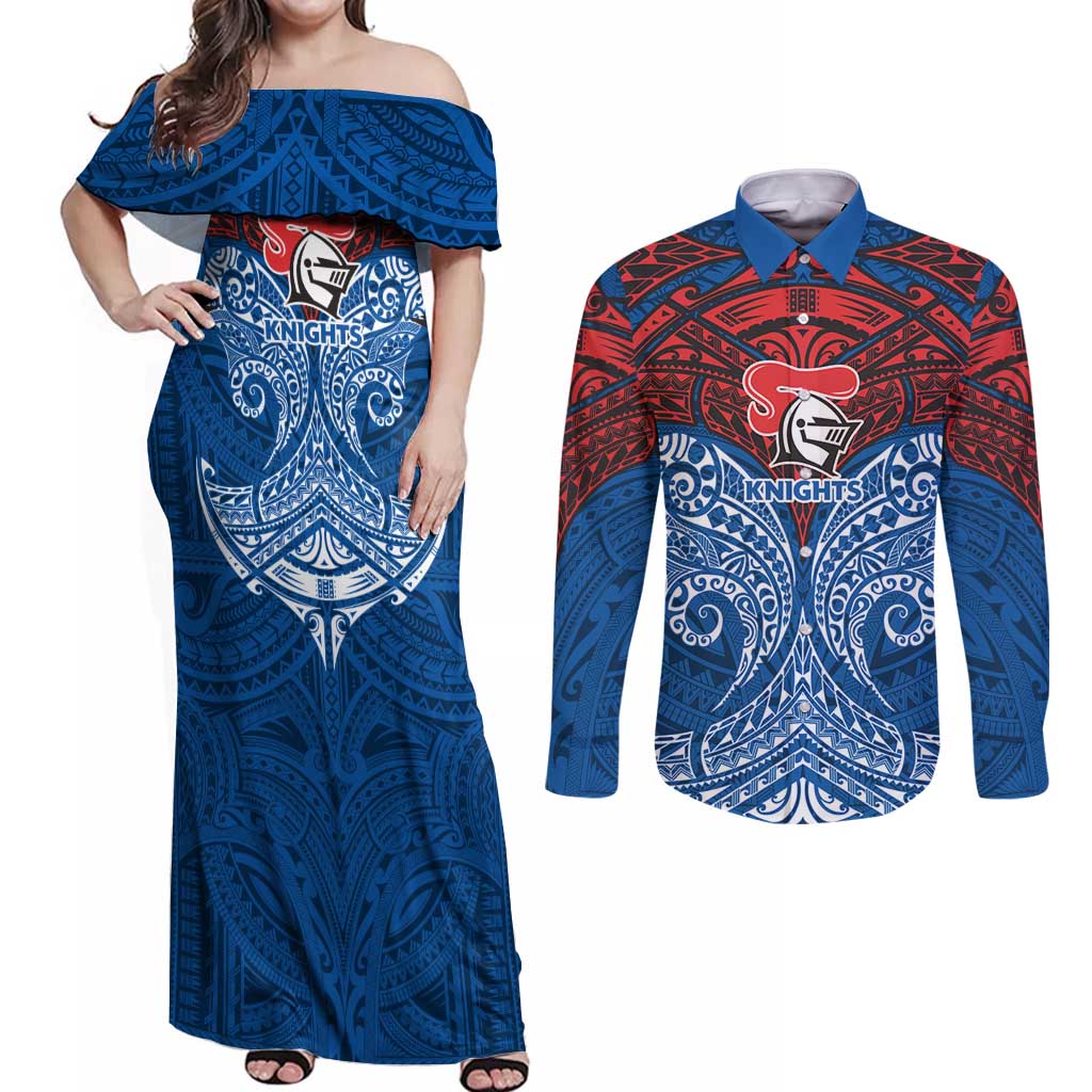 Personalized Newcastle Knights Couples Matching Off Shoulder Maxi Dress and Long Sleeve Button Shirt Polynesian Tribal Pattern Style