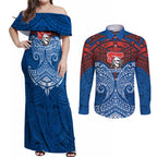 Personalized Newcastle Knights Couples Matching Off Shoulder Maxi Dress and Long Sleeve Button Shirt Polynesian Tribal Pattern Style