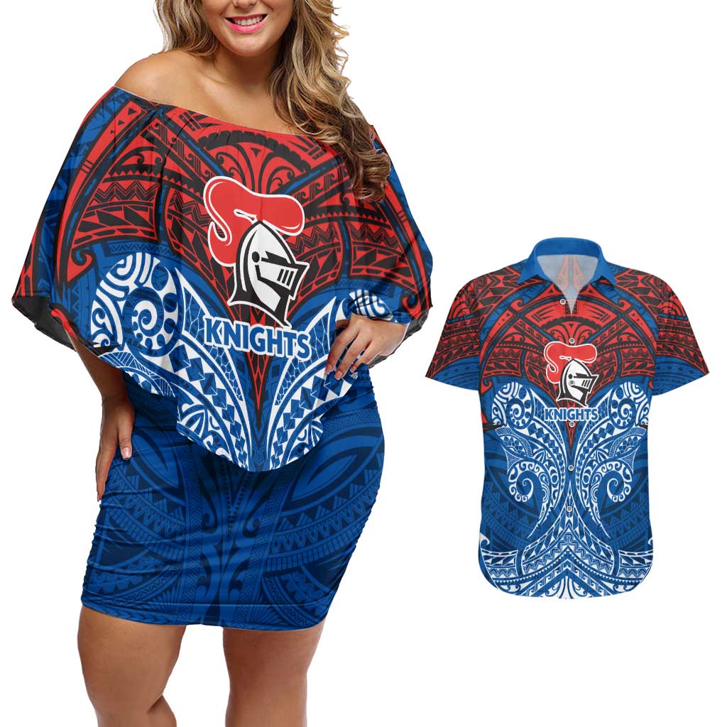 Personalized Newcastle Knights Couples Matching Off Shoulder Short Dress and Hawaiian Shirt Polynesian Tribal Pattern Style