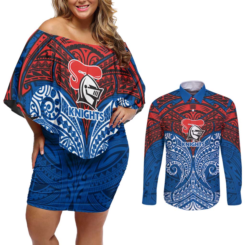 Personalized Newcastle Knights Couples Matching Off Shoulder Short Dress and Long Sleeve Button Shirt Polynesian Tribal Pattern Style