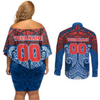 Personalized Newcastle Knights Couples Matching Off Shoulder Short Dress and Long Sleeve Button Shirt Polynesian Tribal Pattern Style