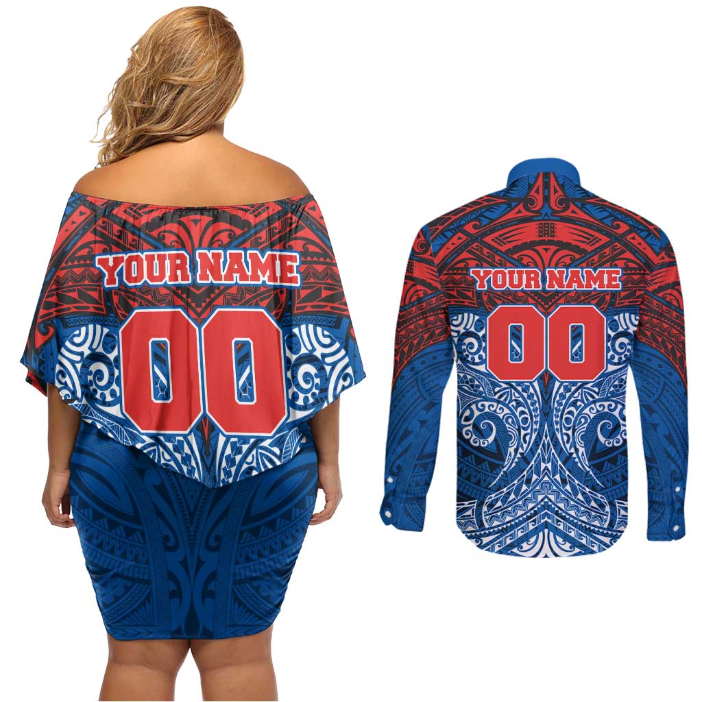 Personalized Newcastle Knights Couples Matching Off Shoulder Short Dress and Long Sleeve Button Shirt Polynesian Tribal Pattern Style