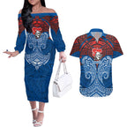 Personalized Newcastle Knights Couples Matching Off The Shoulder Long Sleeve Dress and Hawaiian Shirt Polynesian Tribal Pattern Style