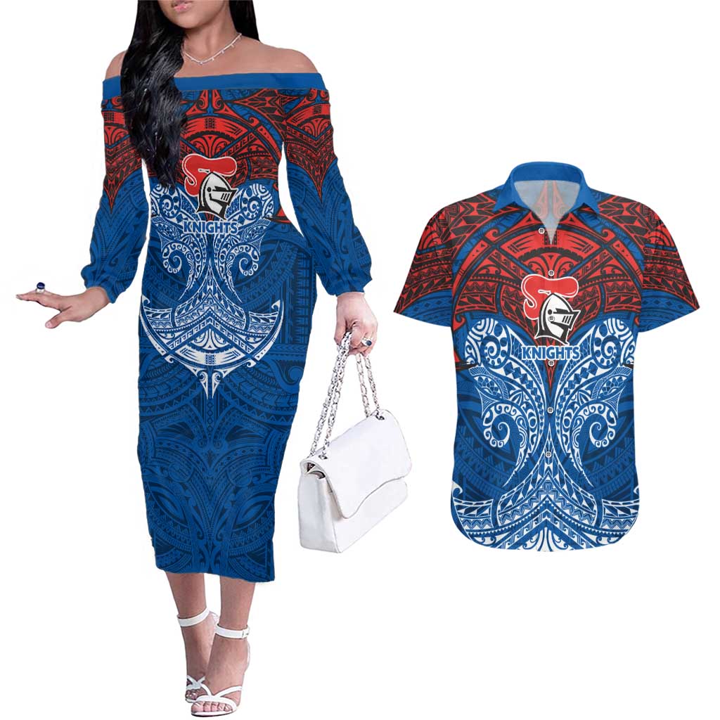 Personalized Newcastle Knights Couples Matching Off The Shoulder Long Sleeve Dress and Hawaiian Shirt Polynesian Tribal Pattern Style