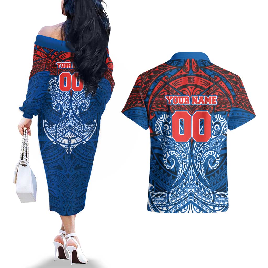 Personalized Newcastle Knights Couples Matching Off The Shoulder Long Sleeve Dress and Hawaiian Shirt Polynesian Tribal Pattern Style