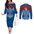 Personalized Newcastle Knights Couples Matching Off The Shoulder Long Sleeve Dress and Long Sleeve Button Shirt Polynesian Tribal Pattern Style