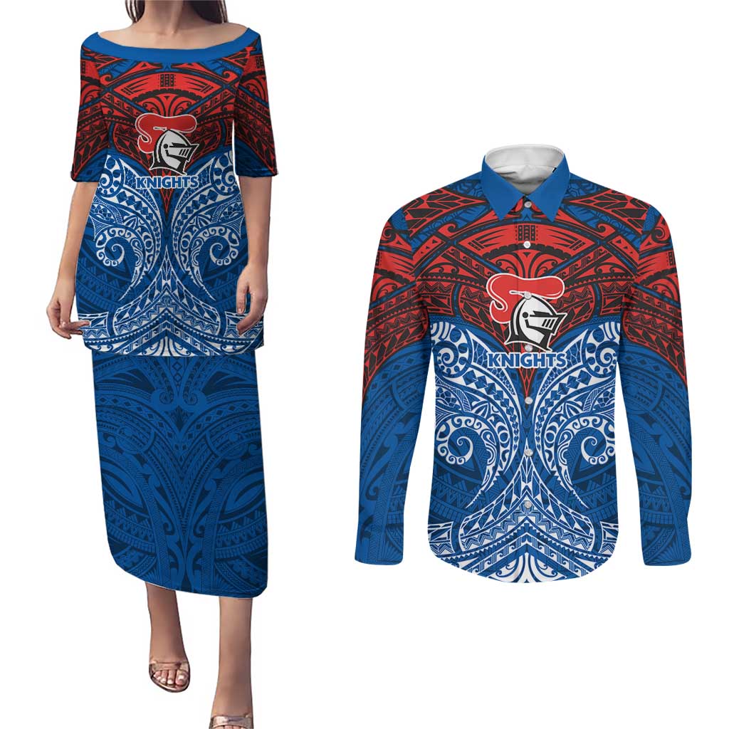 Personalized Newcastle Knights Couples Matching Puletasi and Long Sleeve Button Shirt Polynesian Tribal Pattern Style