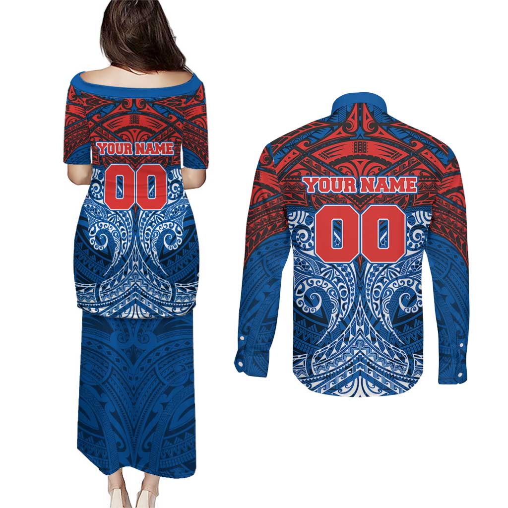 Personalized Newcastle Knights Couples Matching Puletasi and Long Sleeve Button Shirt Polynesian Tribal Pattern Style