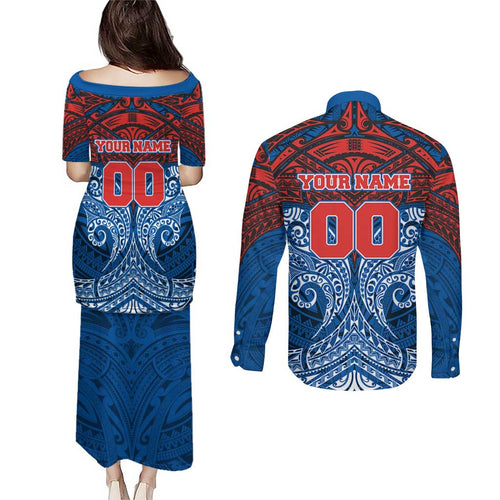 Personalized Newcastle Knights Couples Matching Puletasi and Long Sleeve Button Shirt Polynesian Tribal Pattern Style