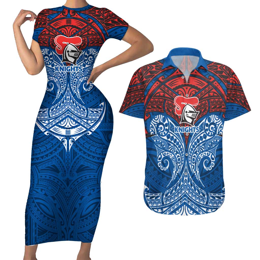 Personalized Newcastle Knights Couples Matching Short Sleeve Bodycon Dress and Hawaiian Shirt Polynesian Tribal Pattern Style