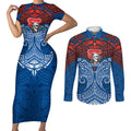 Personalized Newcastle Knights Couples Matching Short Sleeve Bodycon Dress and Long Sleeve Button Shirt Polynesian Tribal Pattern Style