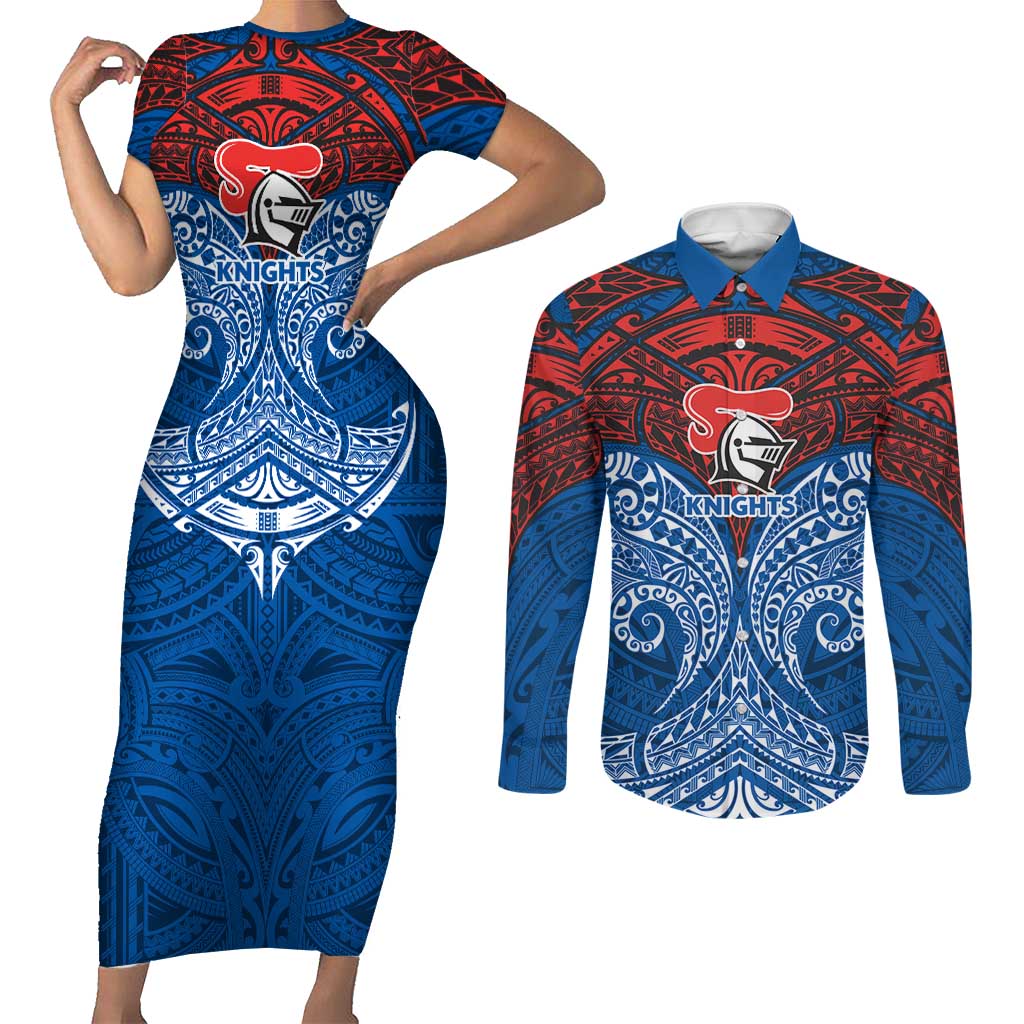 Personalized Newcastle Knights Couples Matching Short Sleeve Bodycon Dress and Long Sleeve Button Shirt Polynesian Tribal Pattern Style