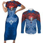 Personalized Newcastle Knights Couples Matching Short Sleeve Bodycon Dress and Long Sleeve Button Shirt Polynesian Tribal Pattern Style