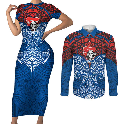 Personalized Newcastle Knights Couples Matching Short Sleeve Bodycon Dress and Long Sleeve Button Shirt Polynesian Tribal Pattern Style