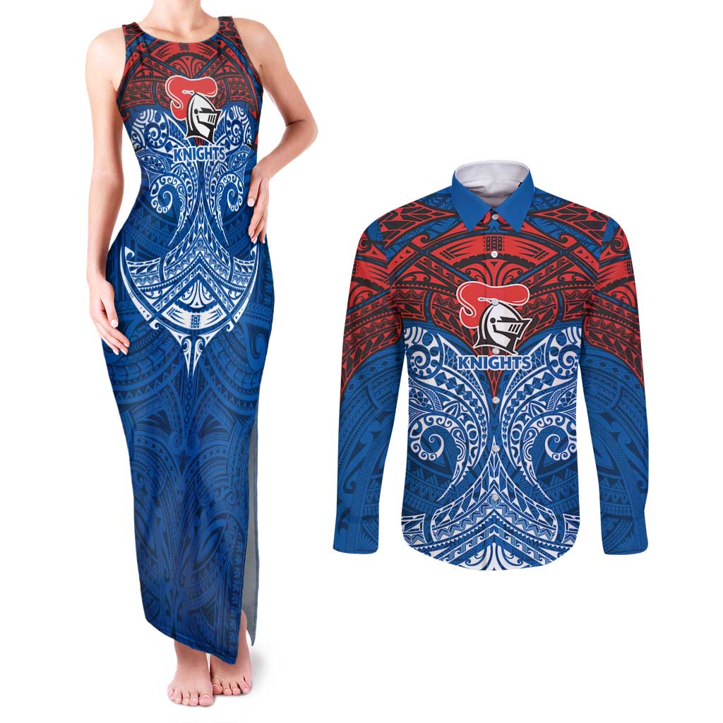 Personalized Newcastle Knights Couples Matching Tank Maxi Dress and Long Sleeve Button Shirt Polynesian Tribal Pattern Style