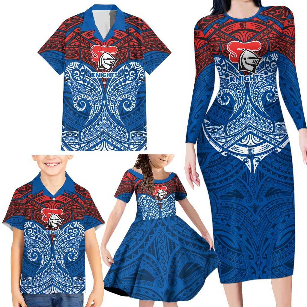 Personalized Newcastle Knights Family Matching Long Sleeve Bodycon Dress and Hawaiian Shirt Polynesian Tribal Pattern Style