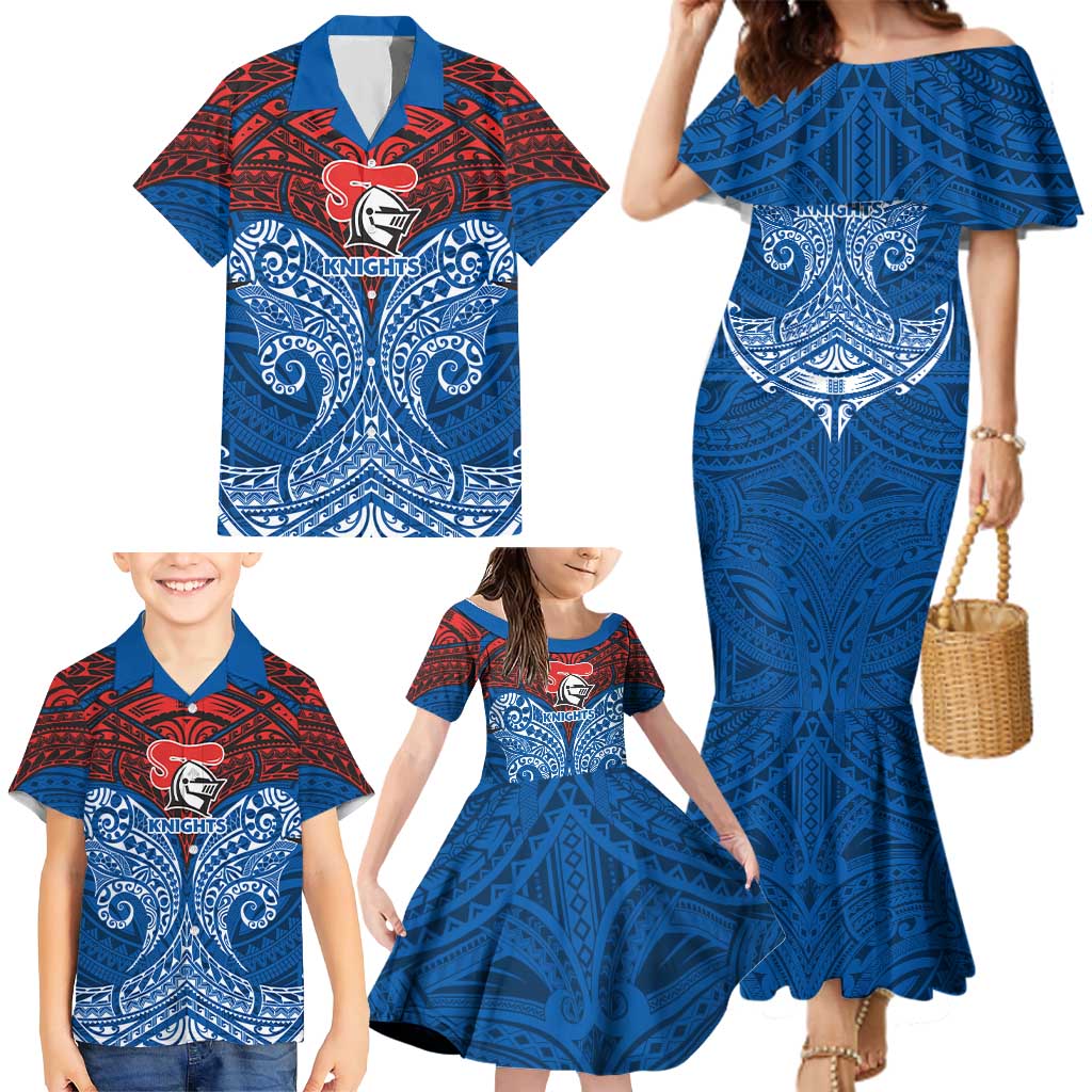 Personalized Newcastle Knights Family Matching Mermaid Dress and Hawaiian Shirt Polynesian Tribal Pattern Style