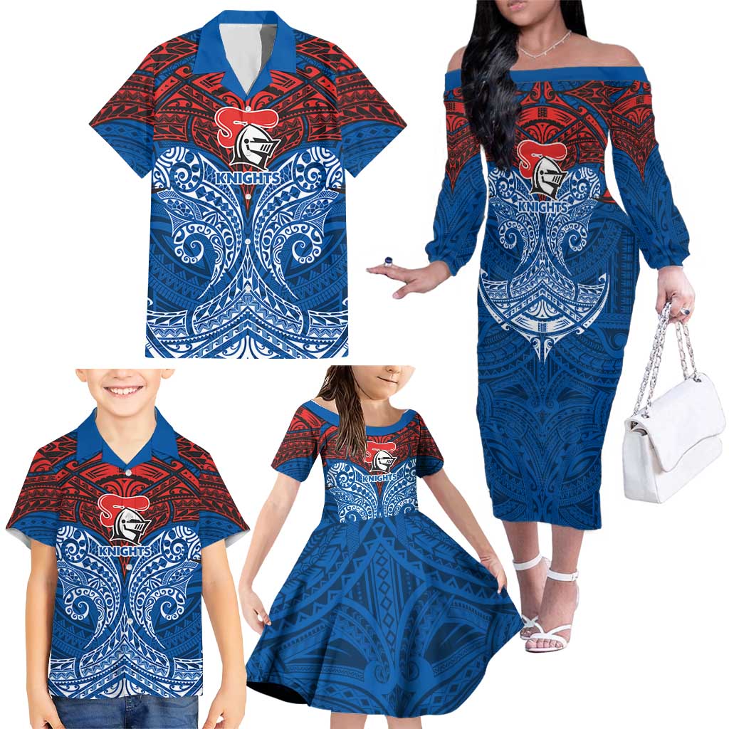 Personalized Newcastle Knights Family Matching Off The Shoulder Long Sleeve Dress and Hawaiian Shirt Polynesian Tribal Pattern Style