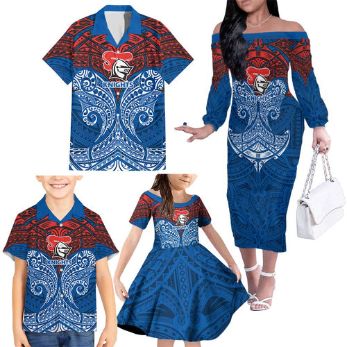 Personalized Newcastle Knights Family Matching Off The Shoulder Long Sleeve Dress and Hawaiian Shirt Polynesian Tribal Pattern Style