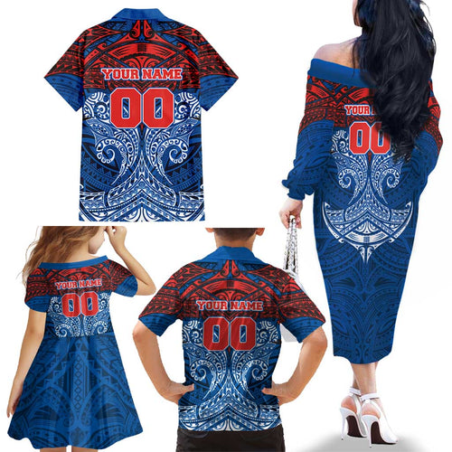 Personalized Newcastle Knights Family Matching Off The Shoulder Long Sleeve Dress and Hawaiian Shirt Polynesian Tribal Pattern Style