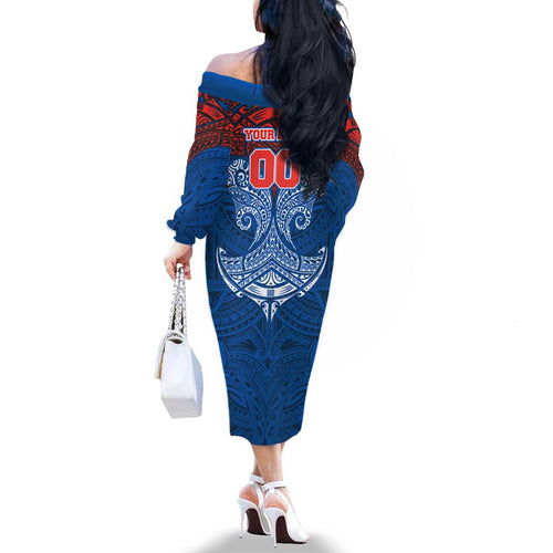 Personalized Newcastle Knights Family Matching Off The Shoulder Long Sleeve Dress and Hawaiian Shirt Polynesian Tribal Pattern Style