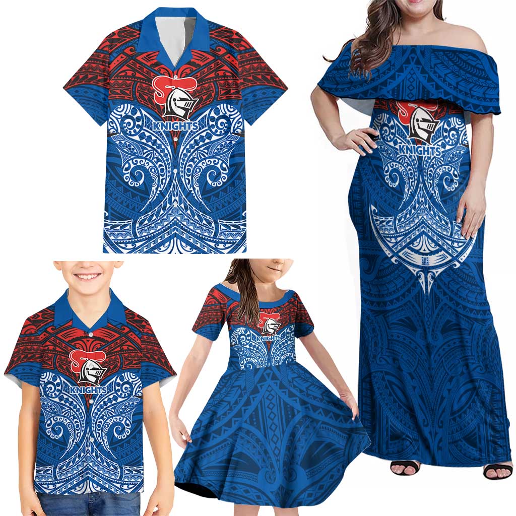 Personalized Newcastle Knights Family Matching Off Shoulder Maxi Dress and Hawaiian Shirt Polynesian Tribal Pattern Style