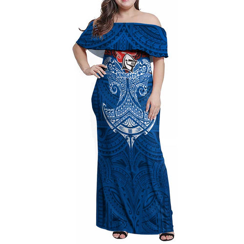 Personalized Newcastle Knights Family Matching Off Shoulder Maxi Dress and Hawaiian Shirt Polynesian Tribal Pattern Style