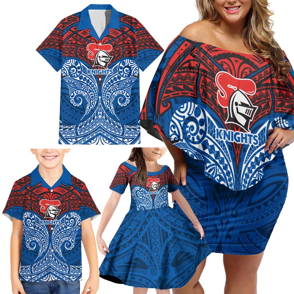 Personalized Newcastle Knights Family Matching Off Shoulder Short Dress and Hawaiian Shirt Polynesian Tribal Pattern Style