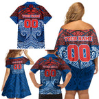 Personalized Newcastle Knights Family Matching Off Shoulder Short Dress and Hawaiian Shirt Polynesian Tribal Pattern Style