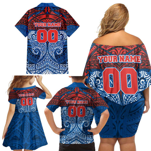 Personalized Newcastle Knights Family Matching Off Shoulder Short Dress and Hawaiian Shirt Polynesian Tribal Pattern Style