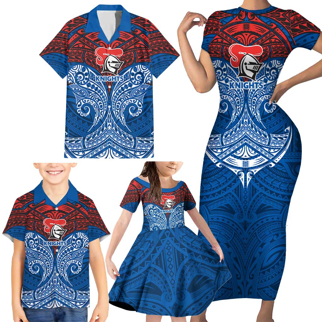 Personalized Newcastle Knights Family Matching Short Sleeve Bodycon Dress and Hawaiian Shirt Polynesian Tribal Pattern Style