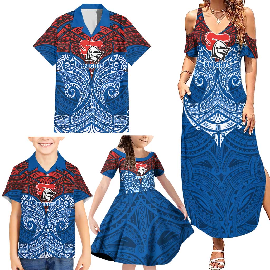 Personalized Newcastle Knights Family Matching Summer Maxi Dress and Hawaiian Shirt Polynesian Tribal Pattern Style