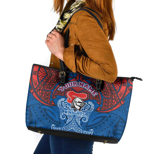 Personalized Newcastle Knights Leather Tote Bag Polynesian Tribal Pattern Style