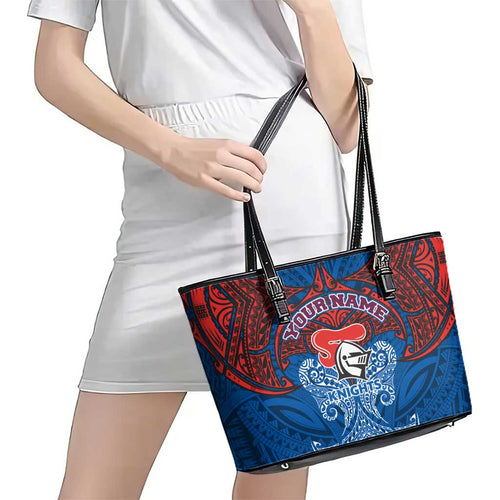 Personalized Newcastle Knights Leather Tote Bag Polynesian Tribal Pattern Style