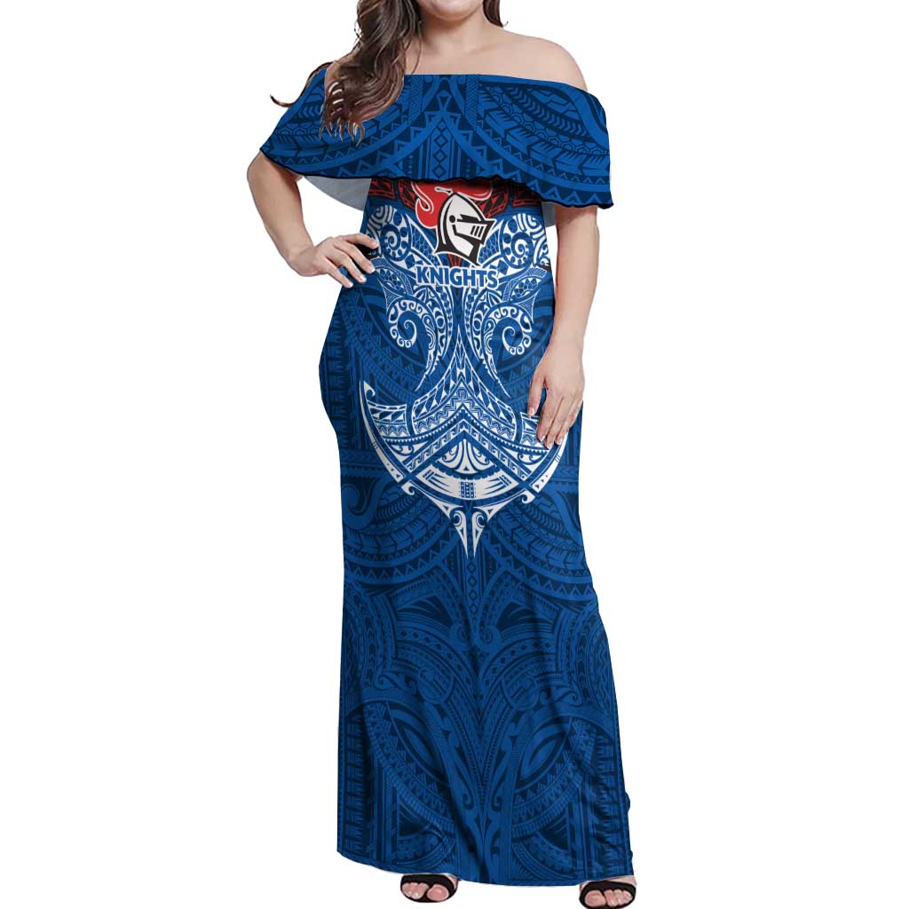 Personalized Newcastle Knights Off Shoulder Maxi Dress Polynesian Tribal Pattern Style