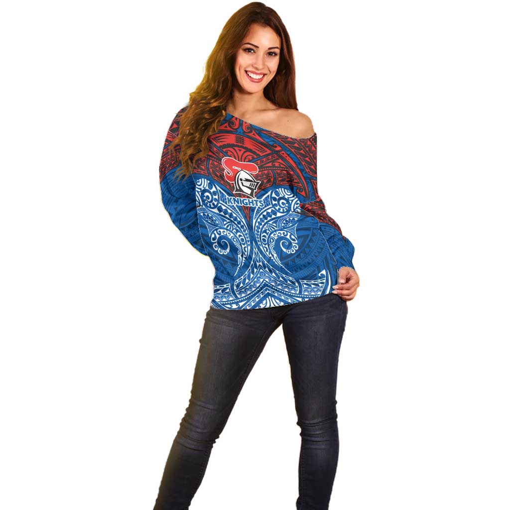 Personalized Newcastle Knights Off Shoulder Sweater Polynesian Tribal Pattern Style