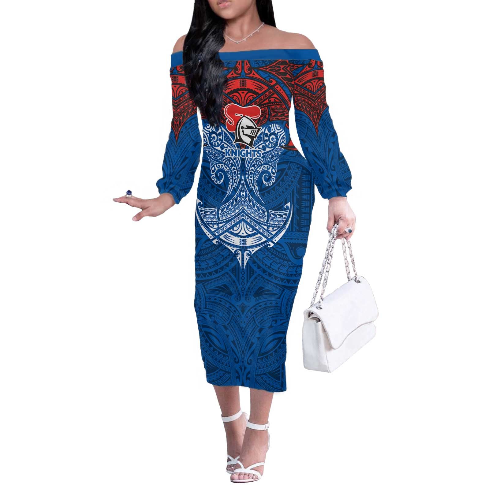 Personalized Newcastle Knights Off The Shoulder Long Sleeve Dress Polynesian Tribal Pattern Style