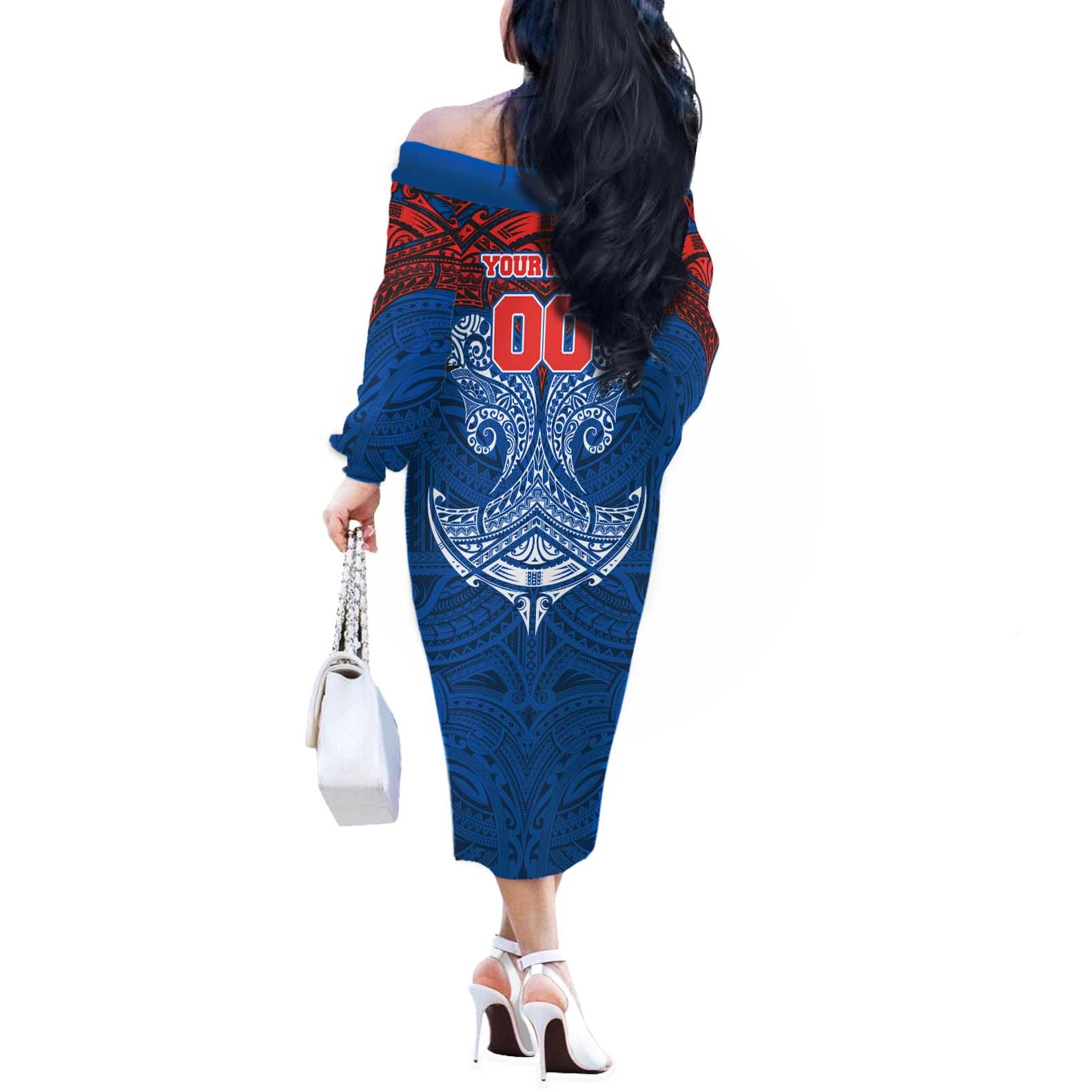Personalized Newcastle Knights Off The Shoulder Long Sleeve Dress Polynesian Tribal Pattern Style