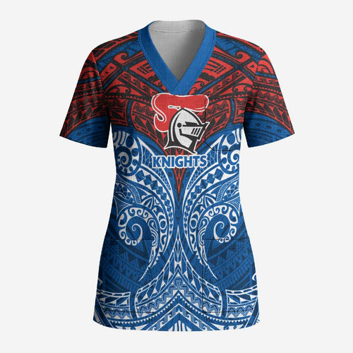 Personalized Newcastle Knights Scrub Top Polynesian Tribal Pattern Style