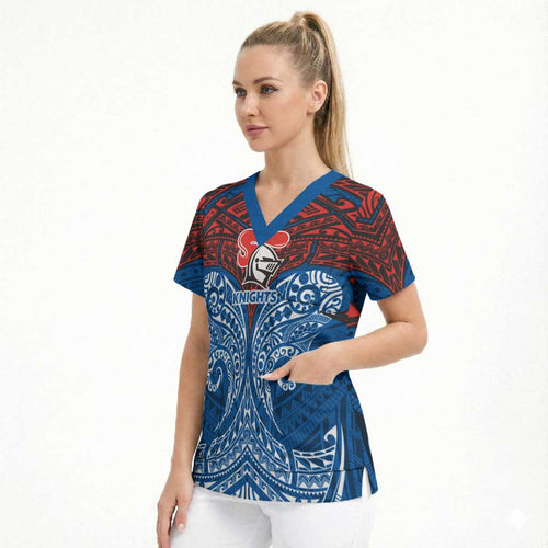 Personalized Newcastle Knights Scrub Top Polynesian Tribal Pattern Style