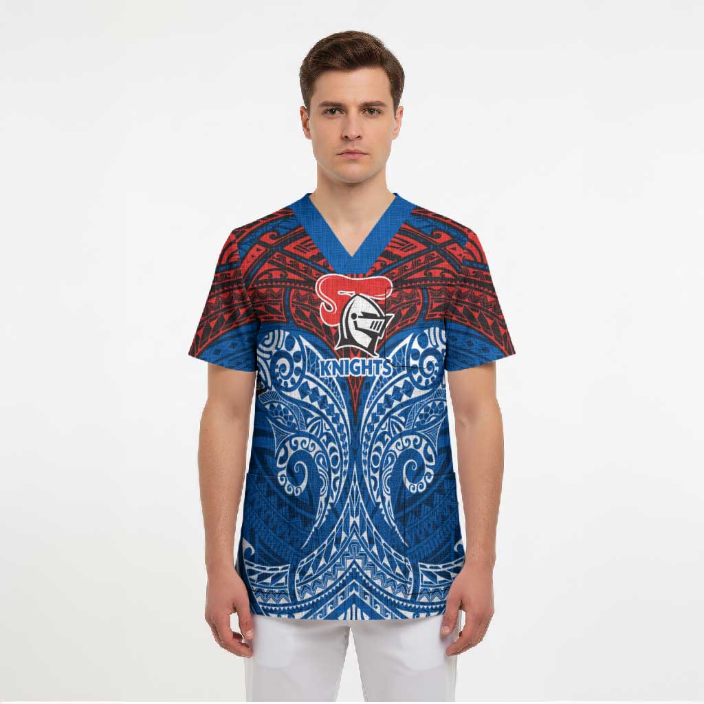 Personalized Newcastle Knights Scrub Top Polynesian Tribal Pattern Style