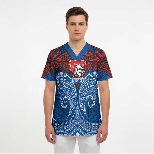 Personalized Newcastle Knights Scrub Top Polynesian Tribal Pattern Style