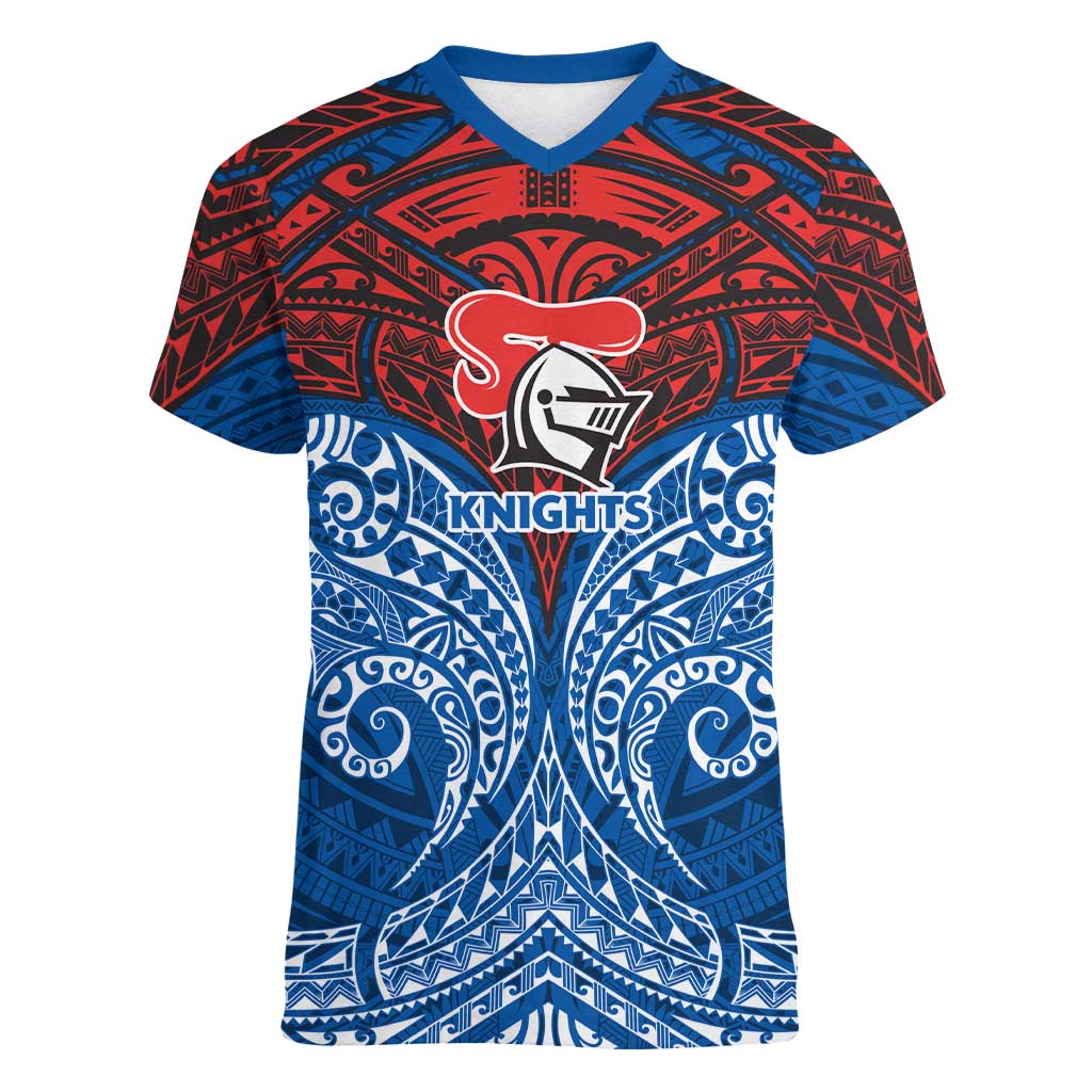 Personalized Newcastle Knights Women V-Neck T-Shirt Polynesian Tribal Pattern Style