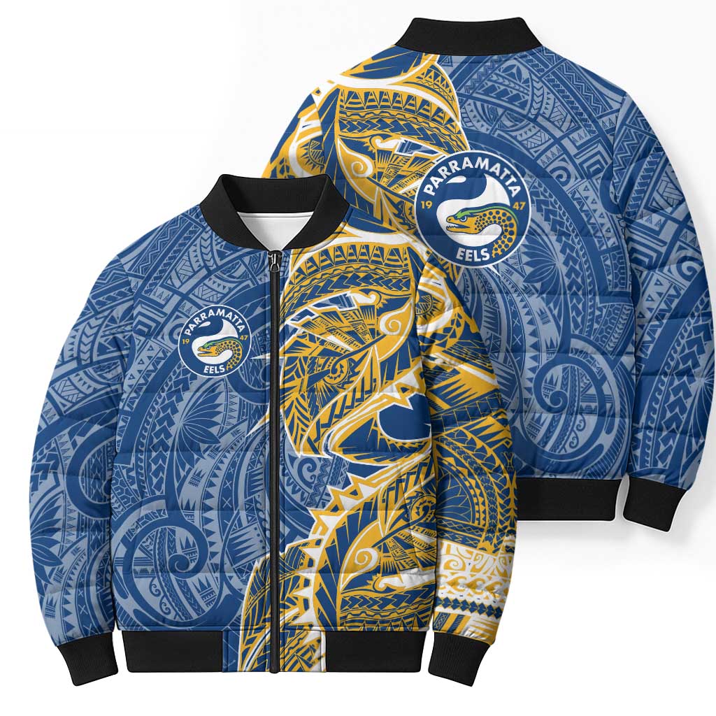 Parramatta Eels Bomber Puffer Jacket Polynesian Tribal Tattoo Pacific Sport Art