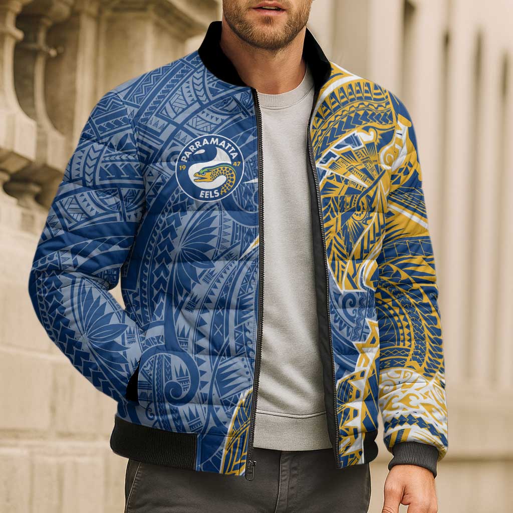 Parramatta Eels Bomber Puffer Jacket Polynesian Tribal Tattoo Pacific Sport Art