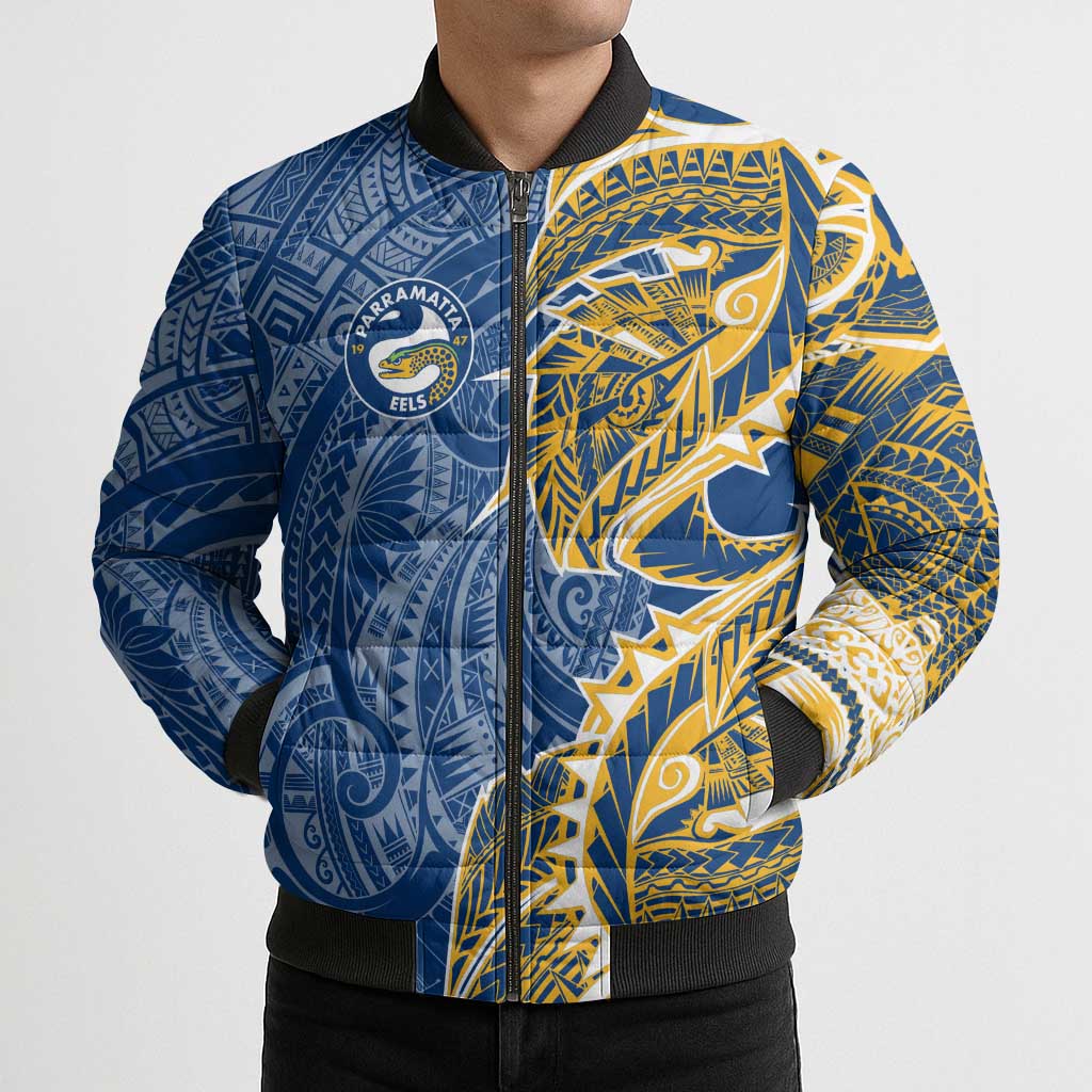 Parramatta Eels Bomber Puffer Jacket Polynesian Tribal Tattoo Pacific Sport Art